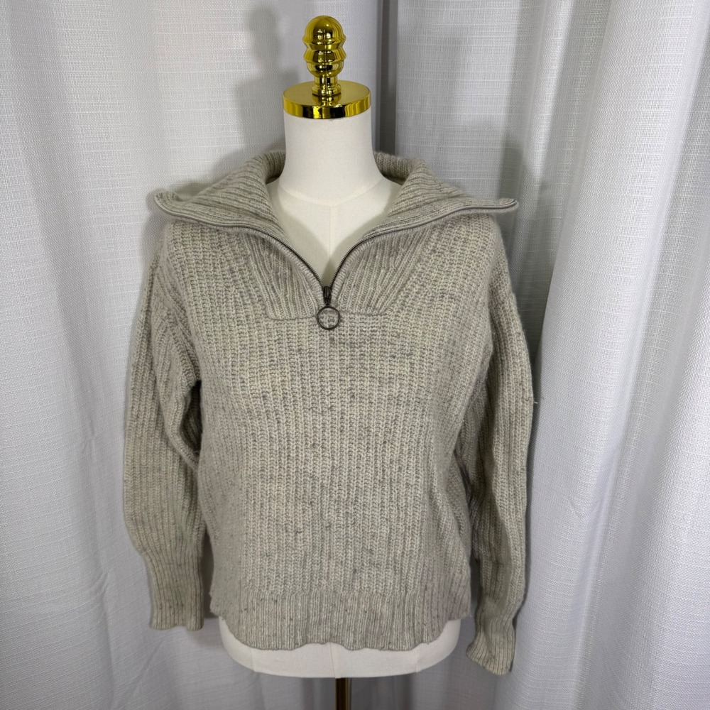 Faherty Womens Wool Alpaca Blend Quarter 1/4 Zip Ribbed Sweater Speckled Beige L